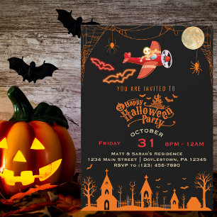 Invitation Squelette fantaisiste volant en avion pour une fêt