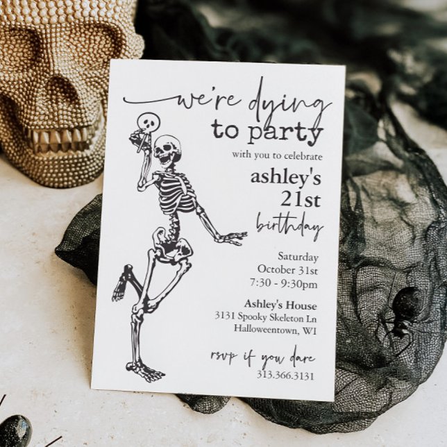 Invitation Squelette gothique mourant à la fête Halloween Ann (Skeleton Halloween Birthday Party Invitation)