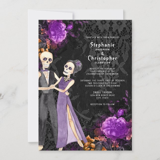 Invitation Squelette gothique Violet Floral Halloween Mariage (Devant)