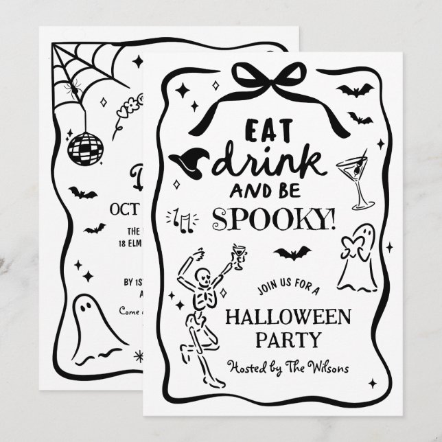 Invitation Squelette lunaire tiré à la main Halloween Éffraya (Devant / Derrière)