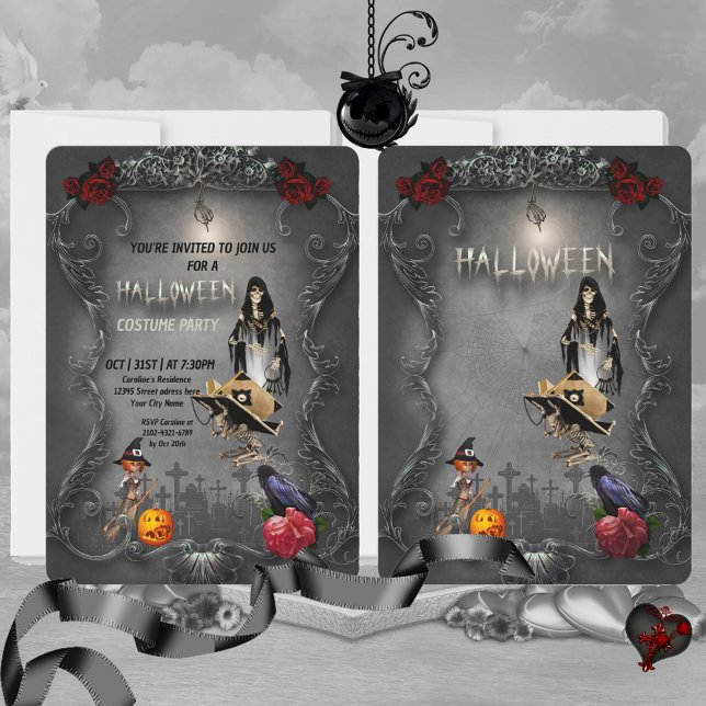 Invitation Squelette petite sorcière et corneille (Funny skeleton)
