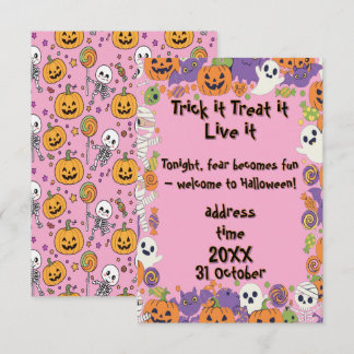 Invitation Squelettes mignons et rose bonbon pour Halloween