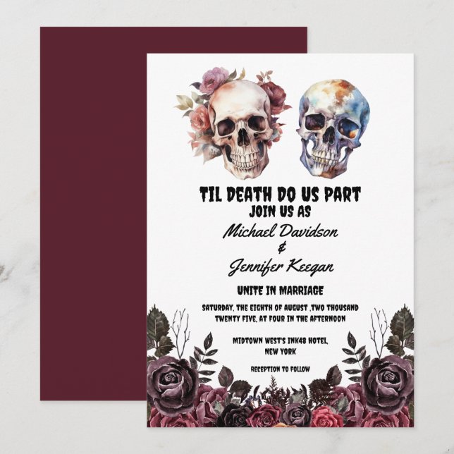 Invitation squelettes rose fleuris gothique halloween mariage (Devant / Derrière)