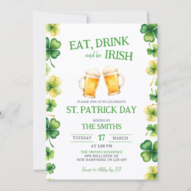 Invitation St Patrick Eat, Drink, and be Irish Party (Devant)
