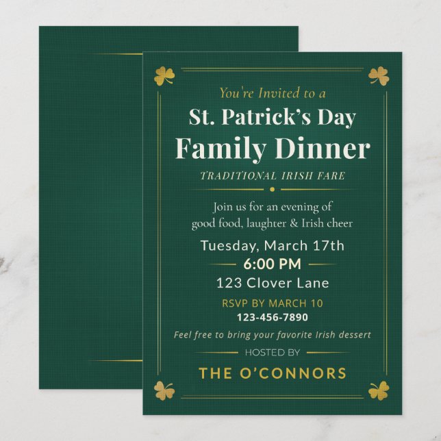 Invitation St. Patrick’s Day Family Dinner Traditional Irish  (Devant / Derrière)