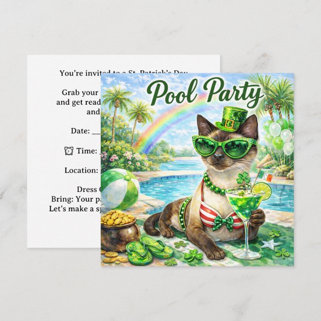 Invitation St. Patrick’s Day Glam Cat Pool Party  (Devant / Derrière)