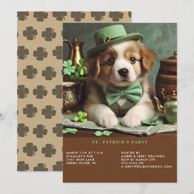 Invitation St Patrick's Day Adorable Chiot Green Casquette Bo (Devant / Derrière)