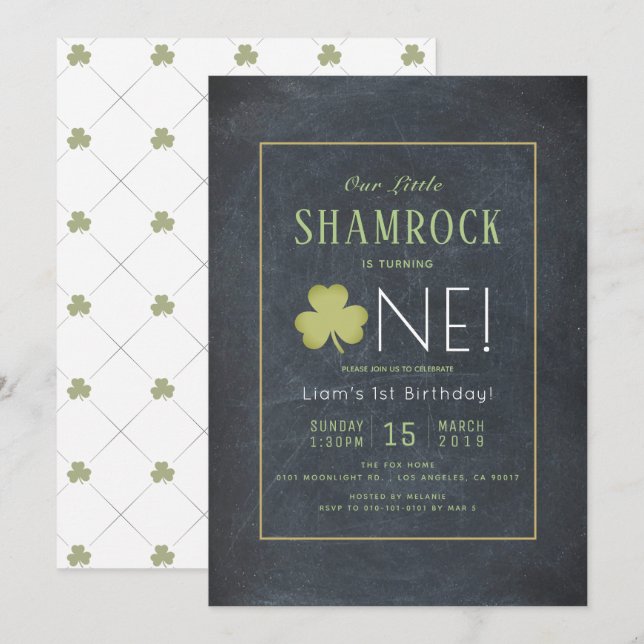 Invitation St. Patrick's Day Chalkboard Vert 1er anniversaire (Devant / Derrière)