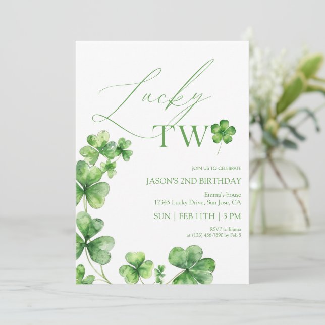 Invitation St. Patrick's day green Lucky Two Second Birthday (Debout devant)