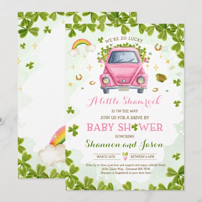 Invitation St Patrick's Little Shamrock Drive By Baby shower (Devant / Derrière)