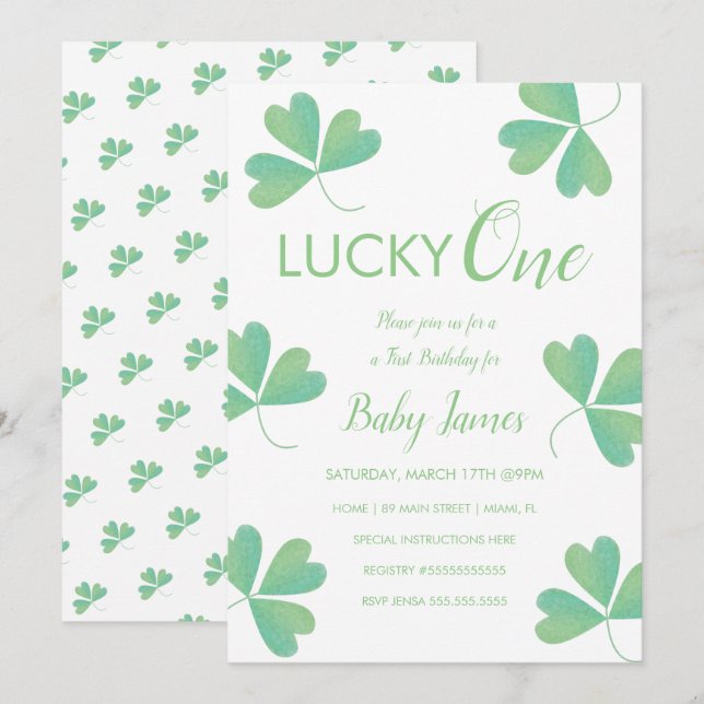 Invitation St. Patricks Lucky 1er anniversaire Shamrock (Devant / Derrière)