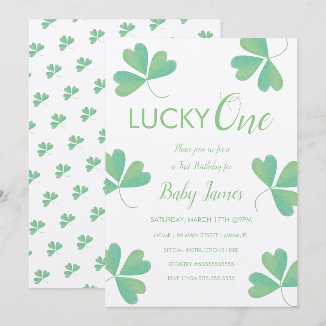 Invitation St. Patricks Lucky 1er Anniversaire Shamrock Texté (Devant / Derrière)