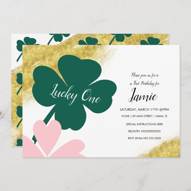Invitation St. Patricks Lucky 1er Anniversaire Vert Rose Or (Devant / Derrière)