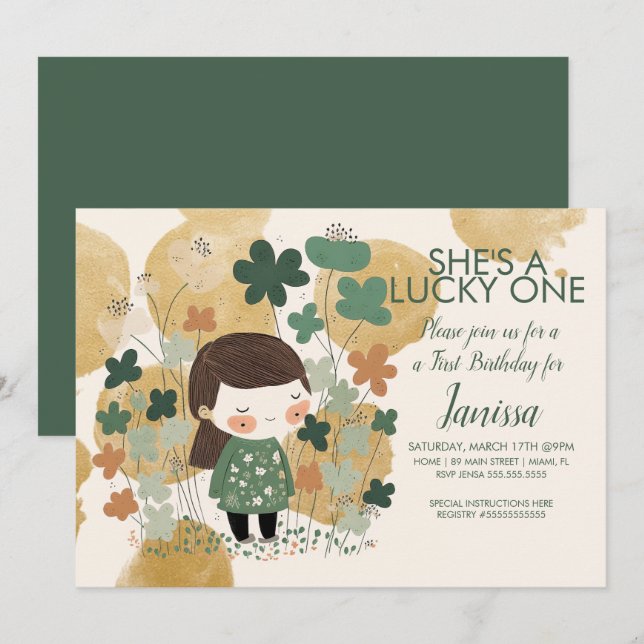 Invitation St. Patricks Lucky Birthday Girl Shamrock Gold (Devant / Derrière)