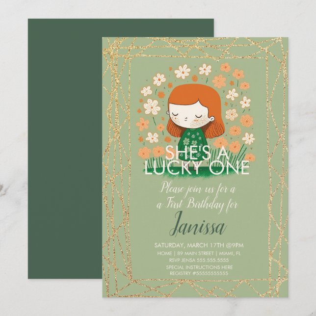 Invitation St. Patricks Lucky Birthday Girl Shamrock Parties  (Devant / Derrière)