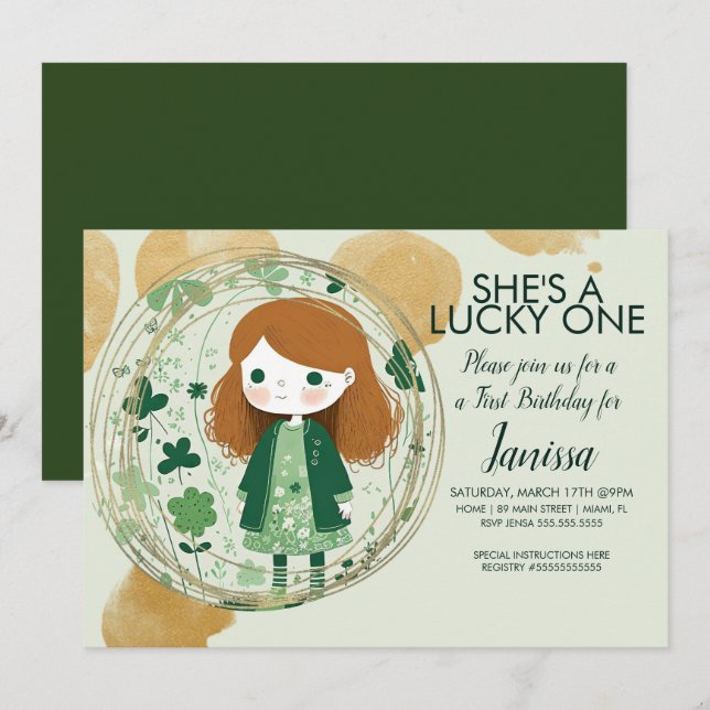 Invitation St. Patricks Lucky Birthday Girl Shamrock Party (Devant / Derrière)