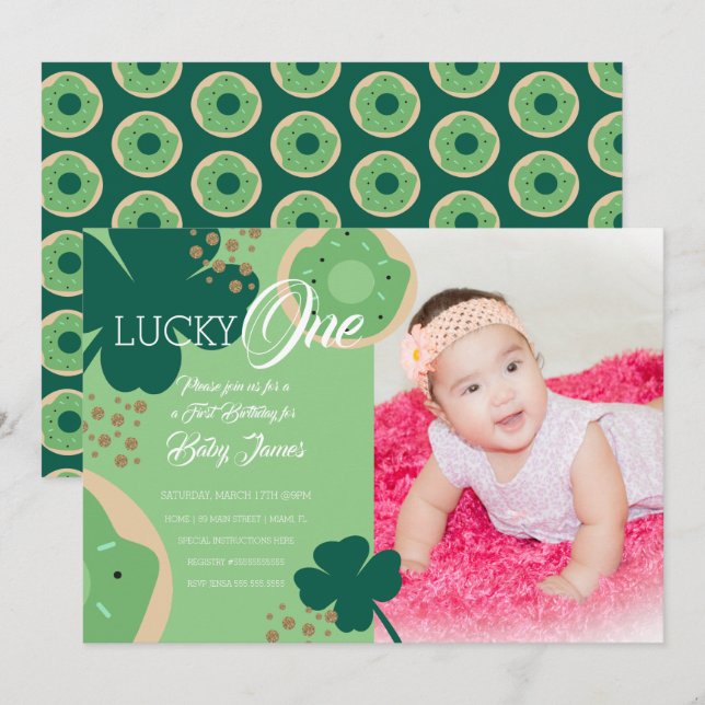 Invitation St. Patricks Lucky First Birthday Donut Photo (Devant / Derrière)