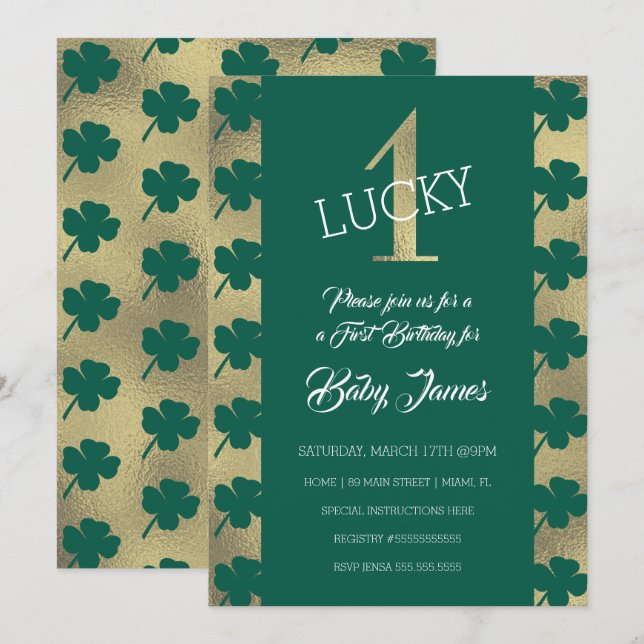 Invitation St. Patricks Lucky First Birthday Shamrock vert (Devant / Derrière)