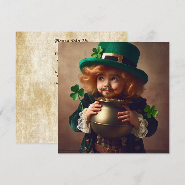 Invitation St Patrick's Party Irish Child Pot of Gold Carré (Devant / Derrière)