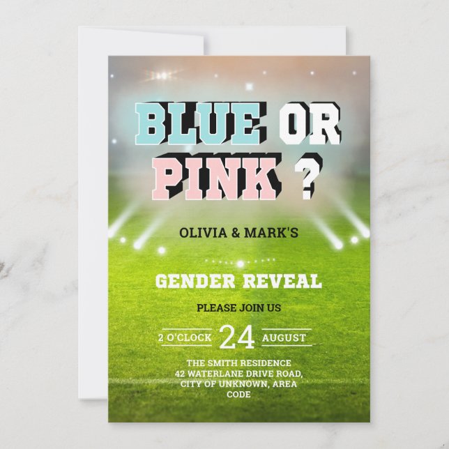 Invitation Stade Sport bleu ou rose Révélation de genre (Devant)