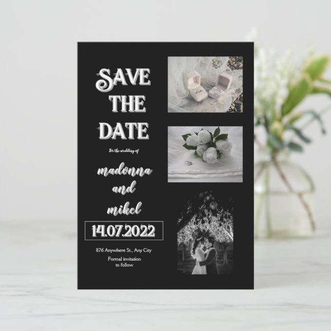 Invitation Stand photo marron tendance moderne save the date  (Debout devant)