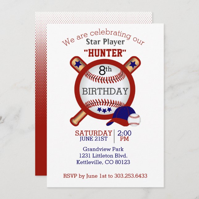 Invitation Star Baseball Player Anniversaire - Rouge foncé et (Devant / Derrière)