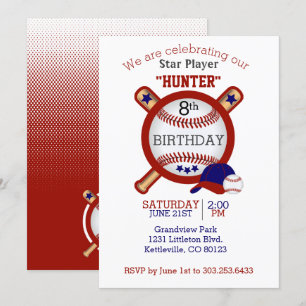 Invitation Star Baseball Player Anniversaire - Rouge foncé et