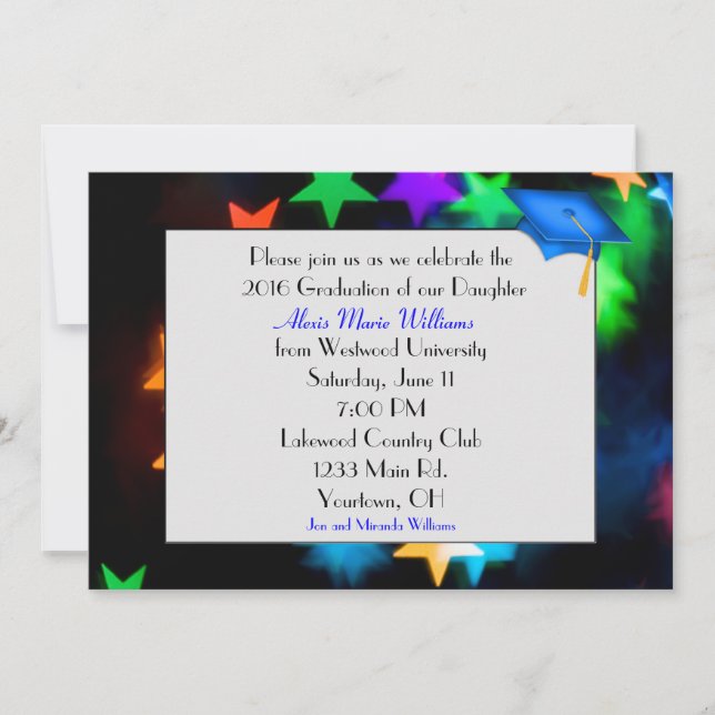 Invitation Star Bokeh avec Casquette Blue Graduation (Devant)