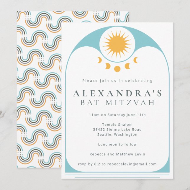 Invitation Star Celeste Soleil Jaune Bleu Bat mitzvah moderne (Devant / Derrière)