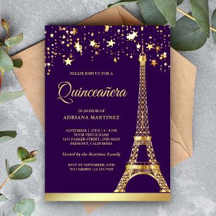Invitation Star Confetti Gold Eiffel Tower Purple Quinceanera