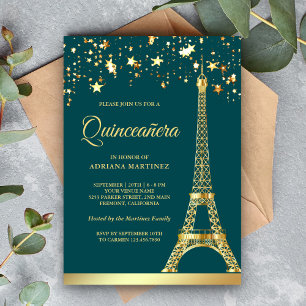 Invitation Star Confetti Gold Tour Eiffel Turquoise Quinceane