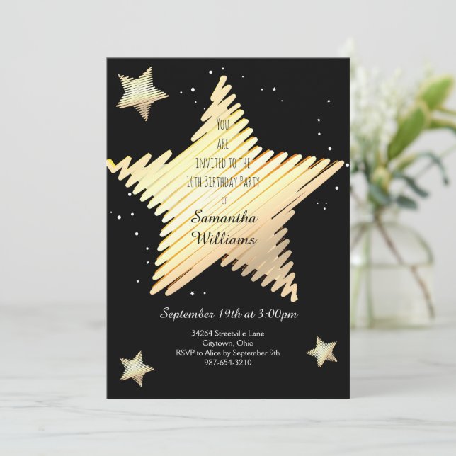 Invitation Star Gold Black Sweet sixteen Anniversaire (Debout devant)