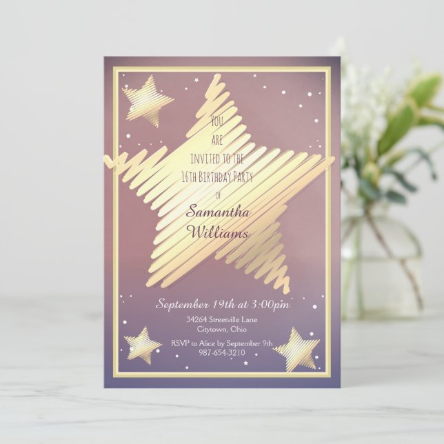 Invitation Star Gold rose violet Sweet sixteen Anniversaire (Debout devant)