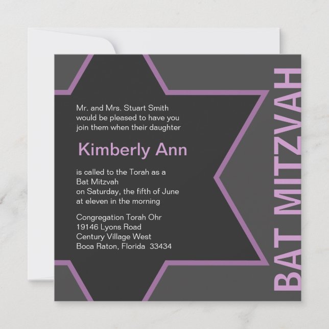 Invitation Star moderne de David Bat mitzvah - gris et rose (Devant)