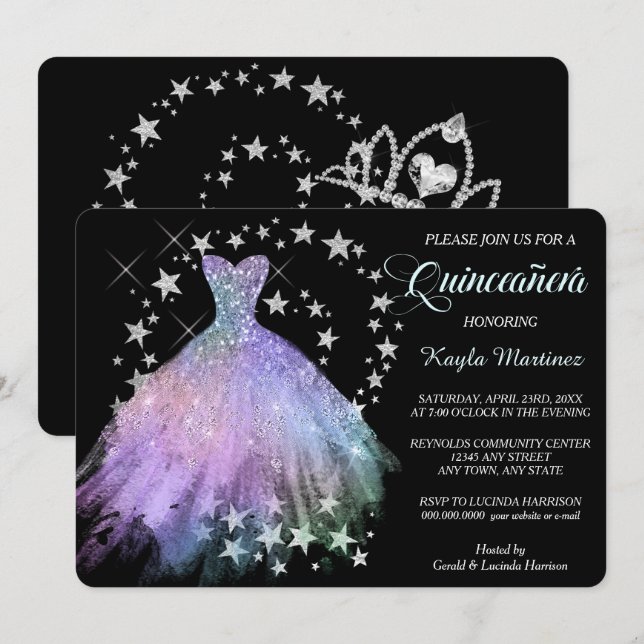 Invitation Star Shimmer Lavender Blue Quinceanera (Devant / Derrière)