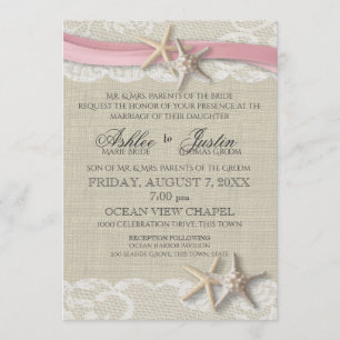 Invitation Starfish and Lace Rustic Beach Mariage rose
