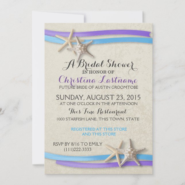 Invitation Starfish and Ribbon Purple and Blue Fête des marié (Devant)