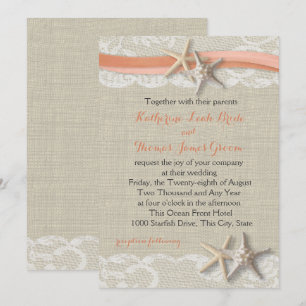Invitation Starfish and Ribbon Vintage Beach Coral Mariage