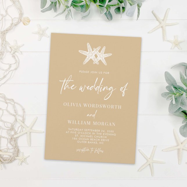 Invitation Starfish Beach Sand Beige Script Mariage (Créateur téléchargé)