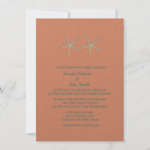 Invitation Starfish Coral Orange Mariage nautique Kraft