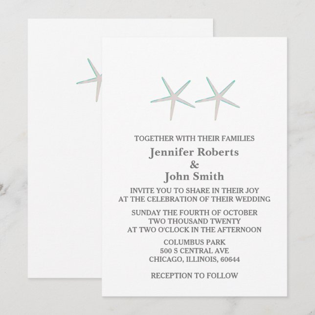 Invitation Starfish Elegant Grey Turquoise blanc Mariage naut (Devant / Derrière)