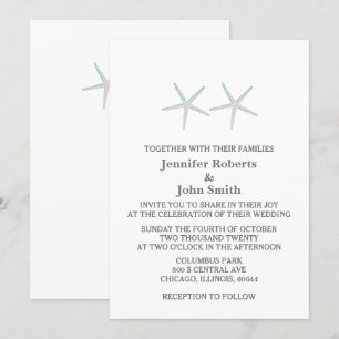 Invitation Starfish Elegant Grey Turquoise blanc Mariage naut