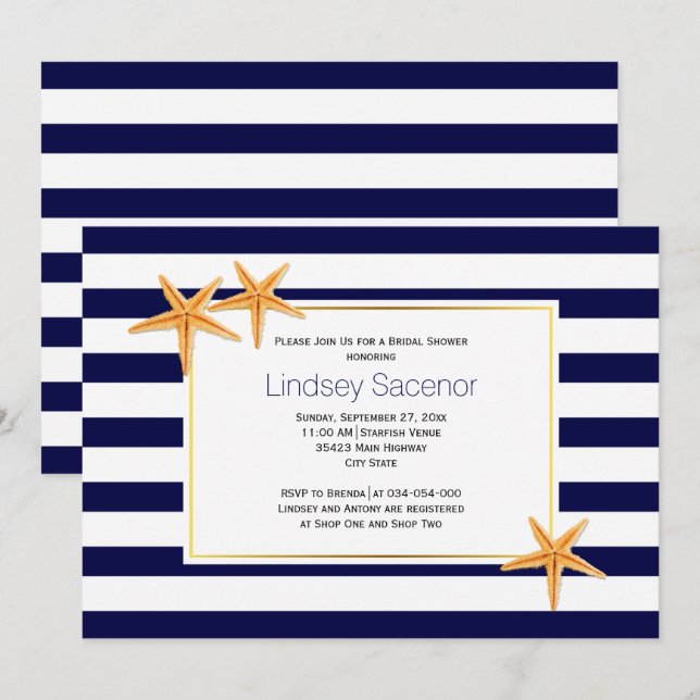 Invitation Starfish et rayures plage mariage nuptiale douche (Devant / Derrière)