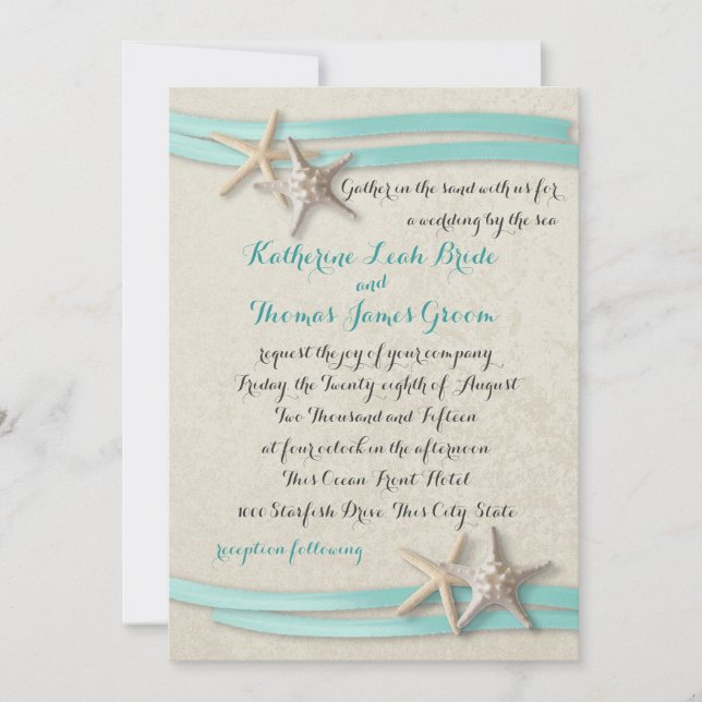Invitation Starfish et Ribbon Beach Aqua (Devant)