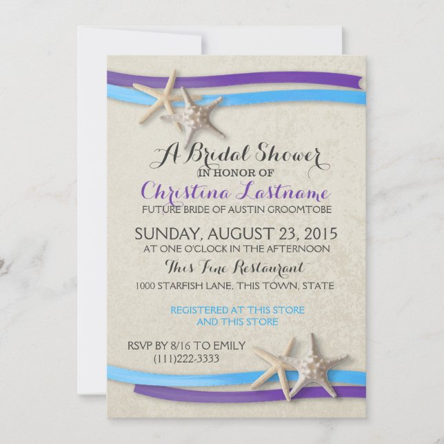 Invitation Starfish et ruban violet et Fête des mariées bleue (Devant)