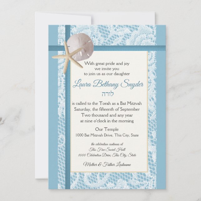 Invitation Starfish et Sand Dollar Bat mitzvah Océan (Devant)
