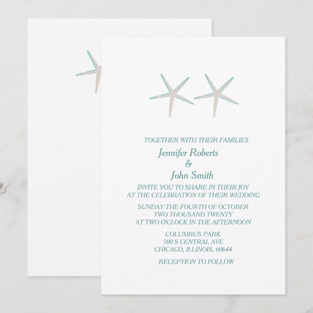 Invitation Starfish Gris Turquoise Blanc Élégant Mariage naut (Devant / Derrière)
