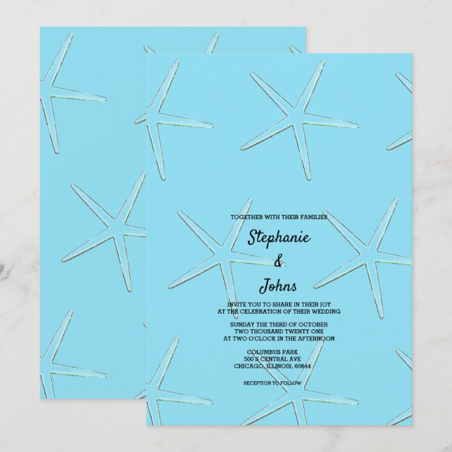 Invitation Starfish Motif Blue Beach Destination Mariage (Devant / Derrière)