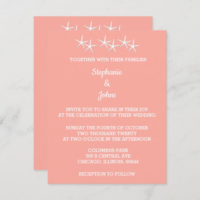 Invitation Starfish Motif Saumon blanc Orange Cute Mariage (Devant / Derrière)