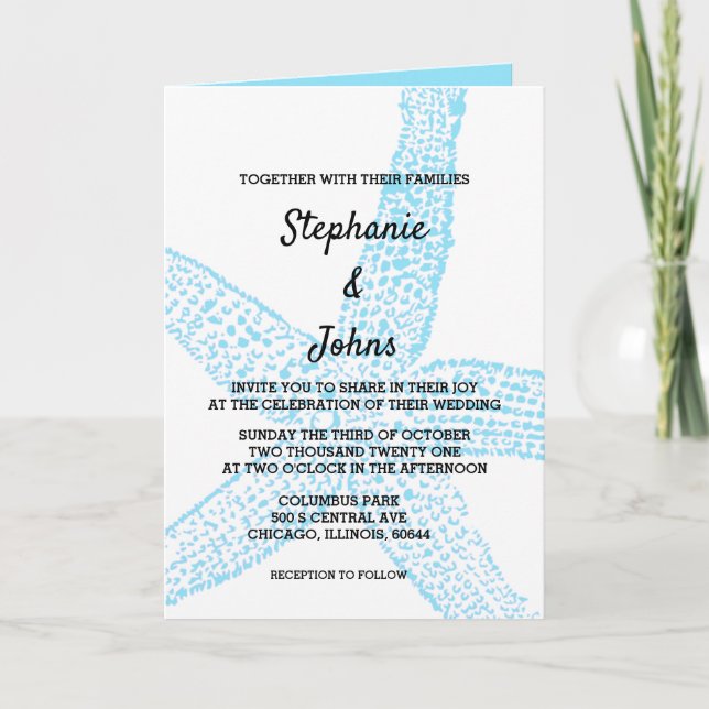 Invitation Starfish Nautical Blue White Beach 2024 Mariage (Devant)